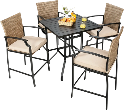 Costway 5-Pc Outdoor Rattan Bistro Bar Stool Table Set w/ Cushions 51248697 New