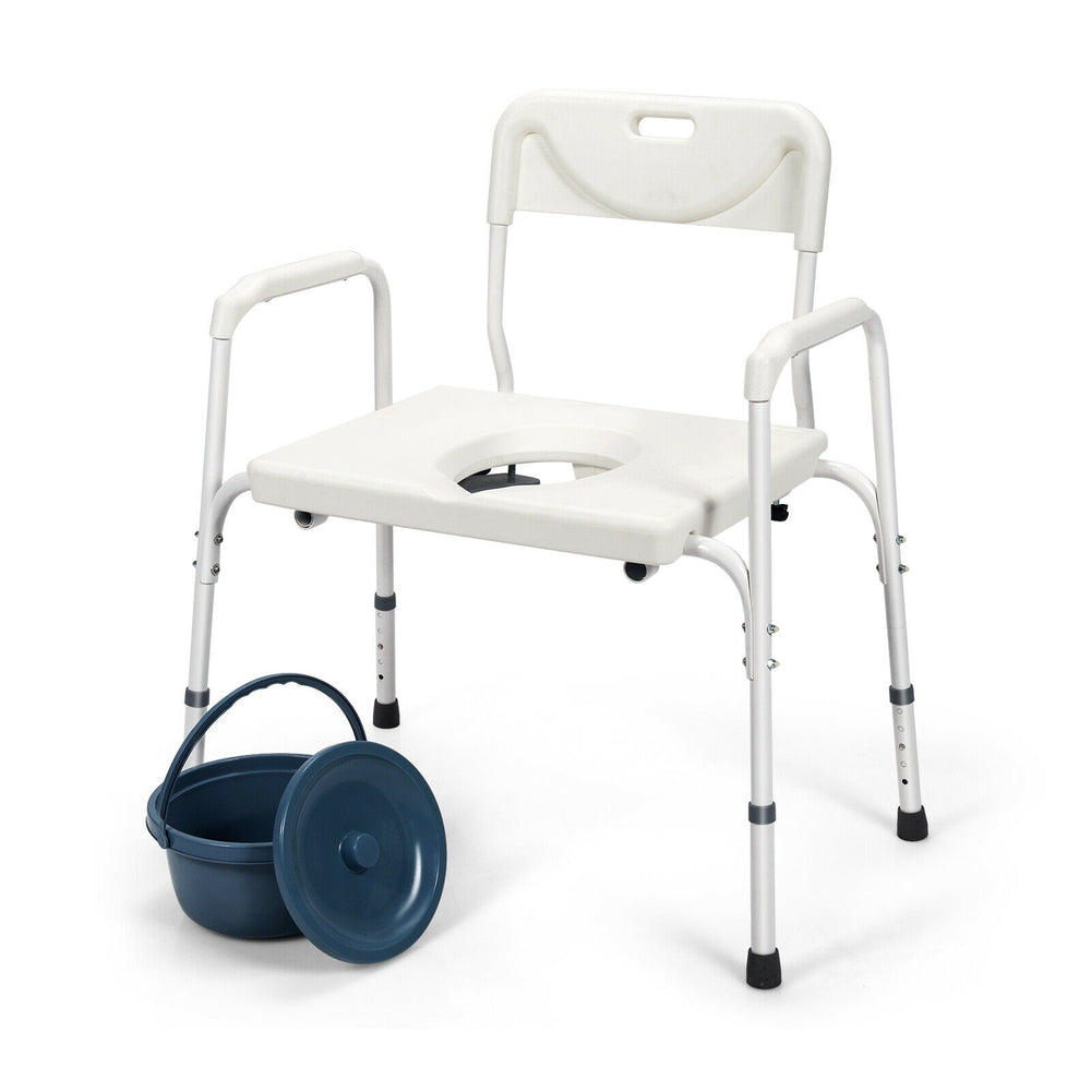 Portable 3-in-1 bedside commode with adjustable height, removable bucket, and sturdy iron frame for versatile use.