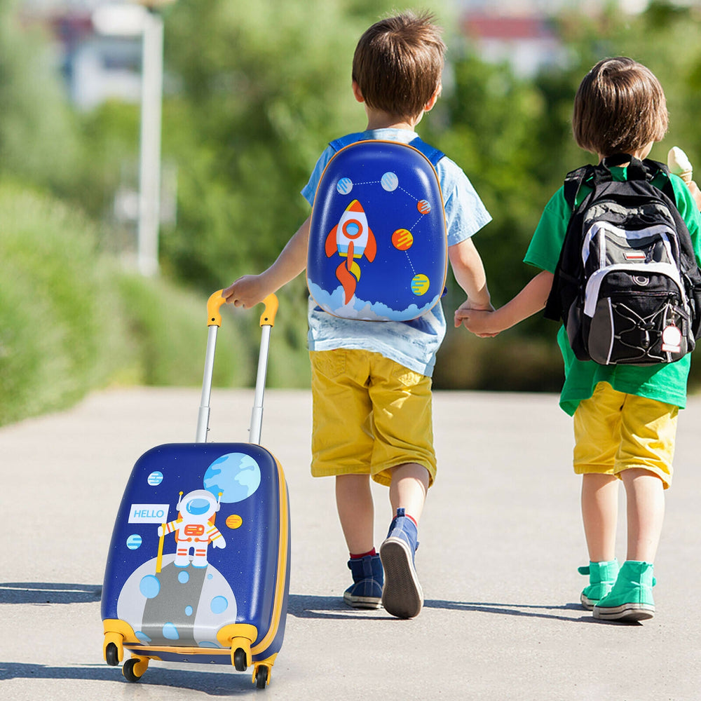 Kids rolling suitcase and matching backpack set with astronaut design, perfect for travel and independence.