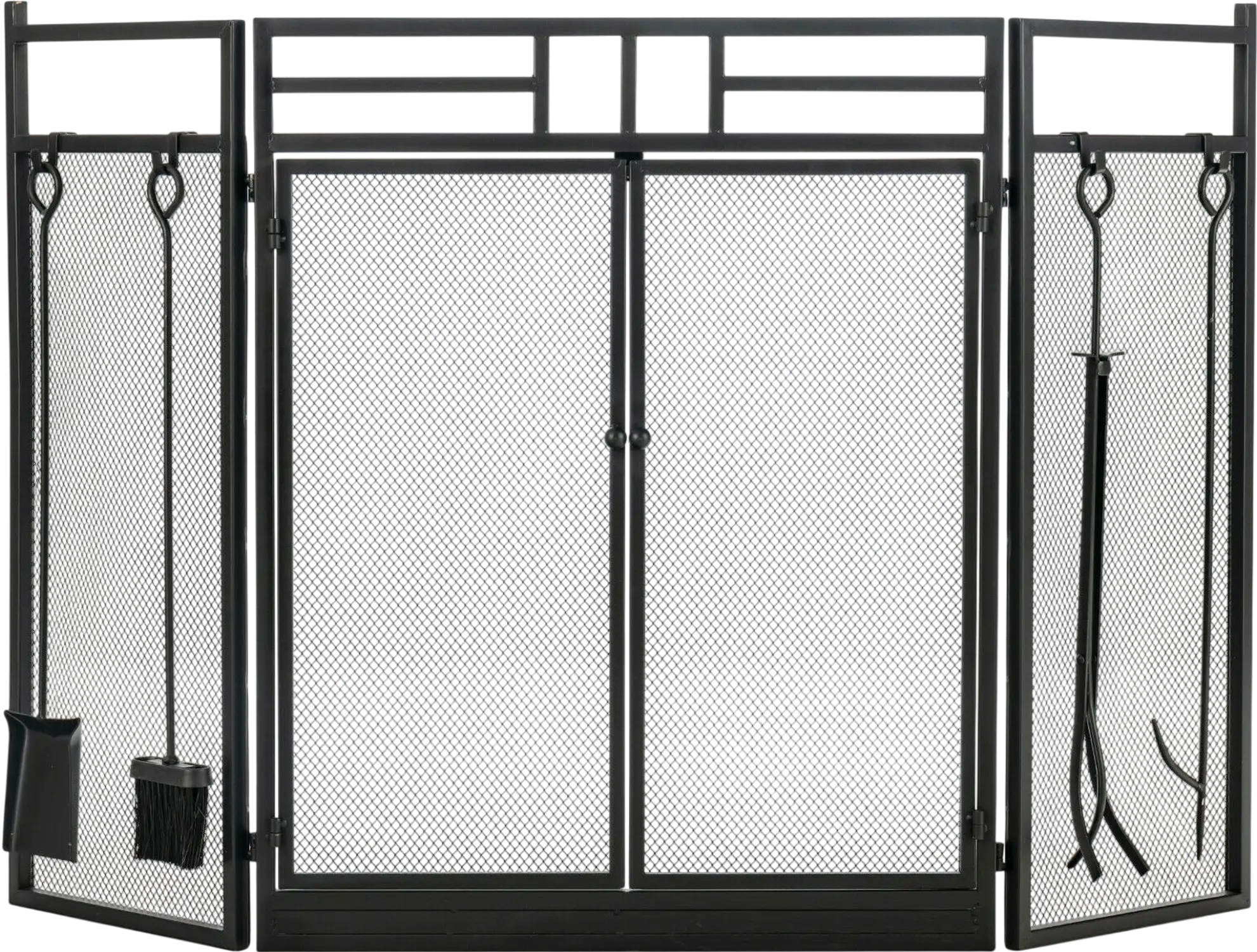 Costway 3-Panel Folding Wrought Iron Fireplace Screen w/ Doors & 4-Pc Tool Set 41926570 New
