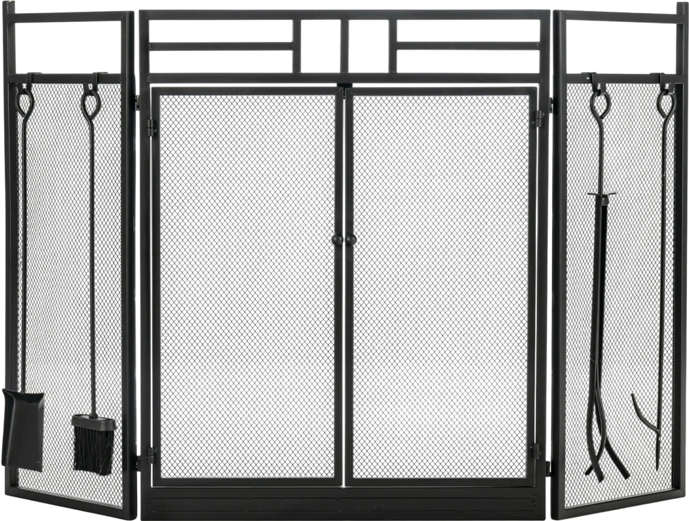 3-panel folding wrought iron fireplace screen with doors and tools set, featuring a durable black finish for safety and.