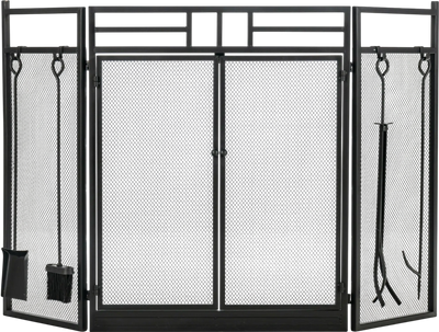 Costway 3-Panel Folding Wrought Iron Fireplace Screen w/ Doors & 4-Pc Tool Set 41926570 New
