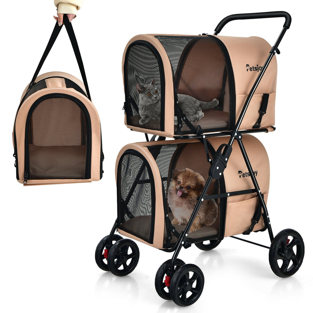 4-in-1 double pet stroller in beige with detachable carriers, ideal for transporting small pets safely and conveniently.