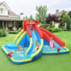 Inflatable water slide bounce house in crab theme with two slides, water cannons, and splash pools for kids' fun.