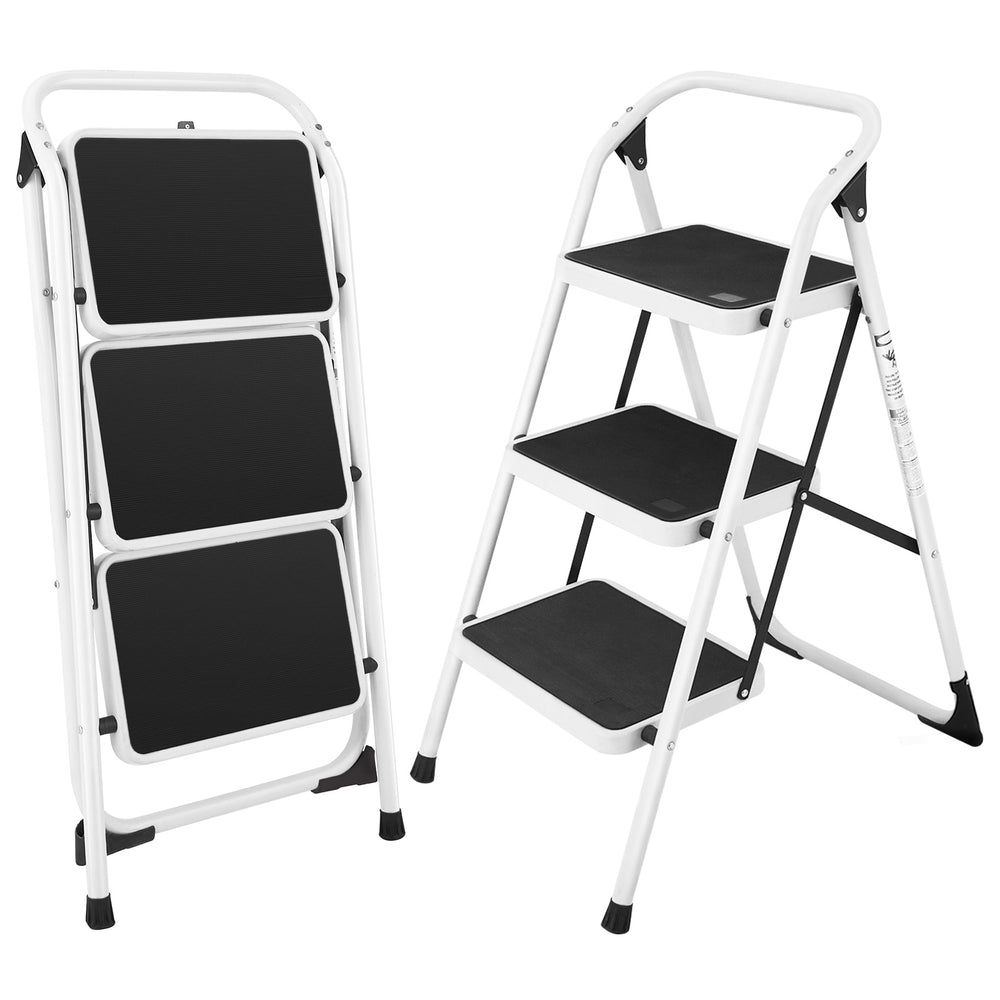 Folding 3-step ladder with handgrip and anti-slip platform, featuring a stable triangular structure for home or office.
