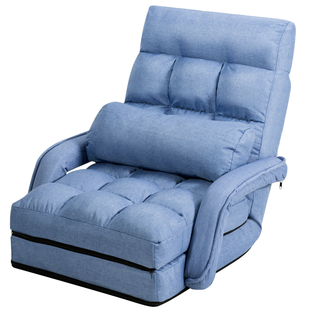 Blue folding lazy floor chair sofa with armrests and pillow, padded for comfort, ideal for living room or dorm use.