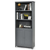 Gray wooden bookcase with three shelves and a bottom cabinet, featuring adjustable shelves for versatile storage.