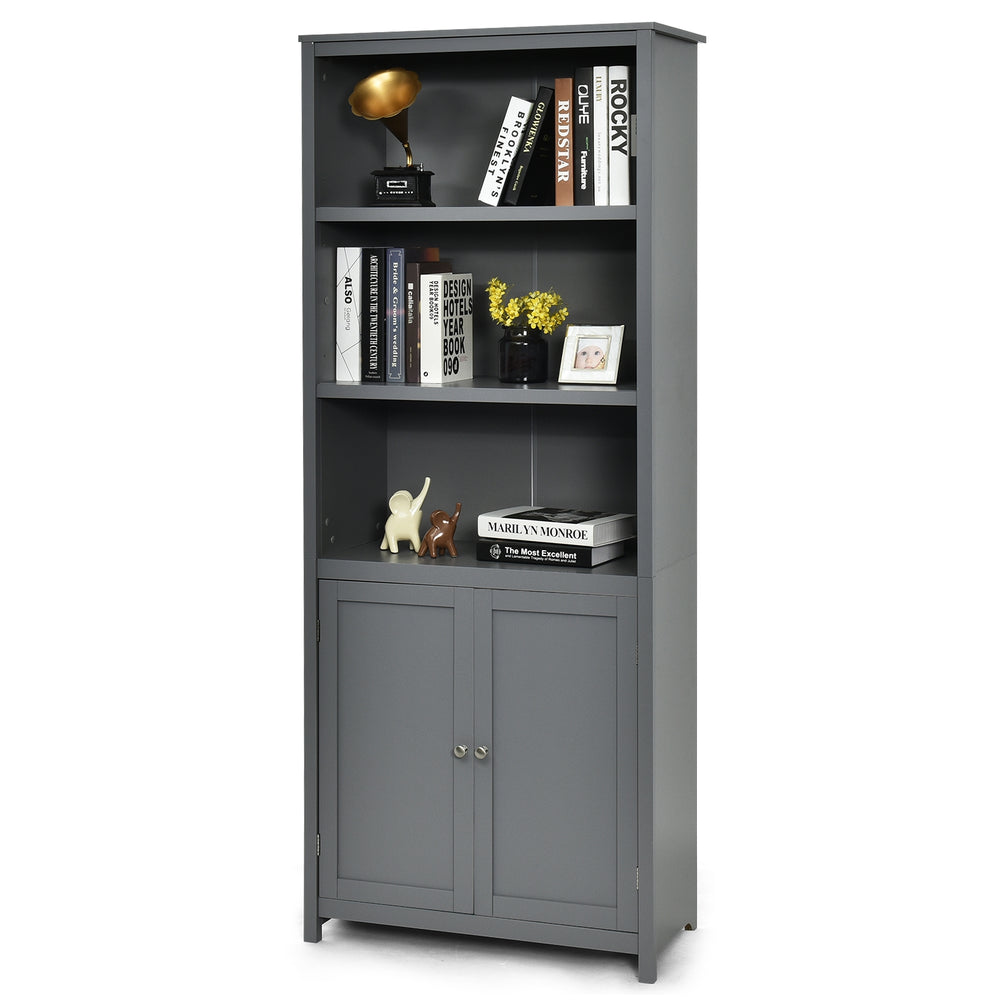 Gray wooden bookcase with three shelves and a bottom cabinet, featuring adjustable shelves for versatile storage.