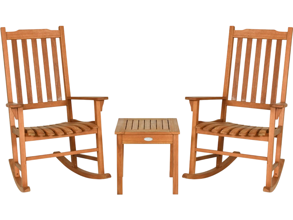 3 Pieces Eucalyptus Rocking Chair Set with Coffee Table 