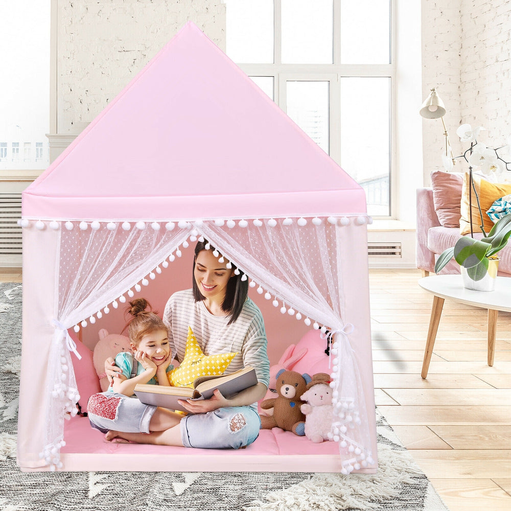 Large pink kids play tent with solid wood frame and soft mat, perfect for indoor and outdoor playtime.
