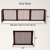 Folding adjustable 3-panel wood fence in cherry finish, measuring 22 inches high, fits spaces from 28 to 80 inches wide.