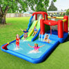 Inflatable water slide with climbing wall, basketball hoop, and splash pool for kids' outdoor summer fun.