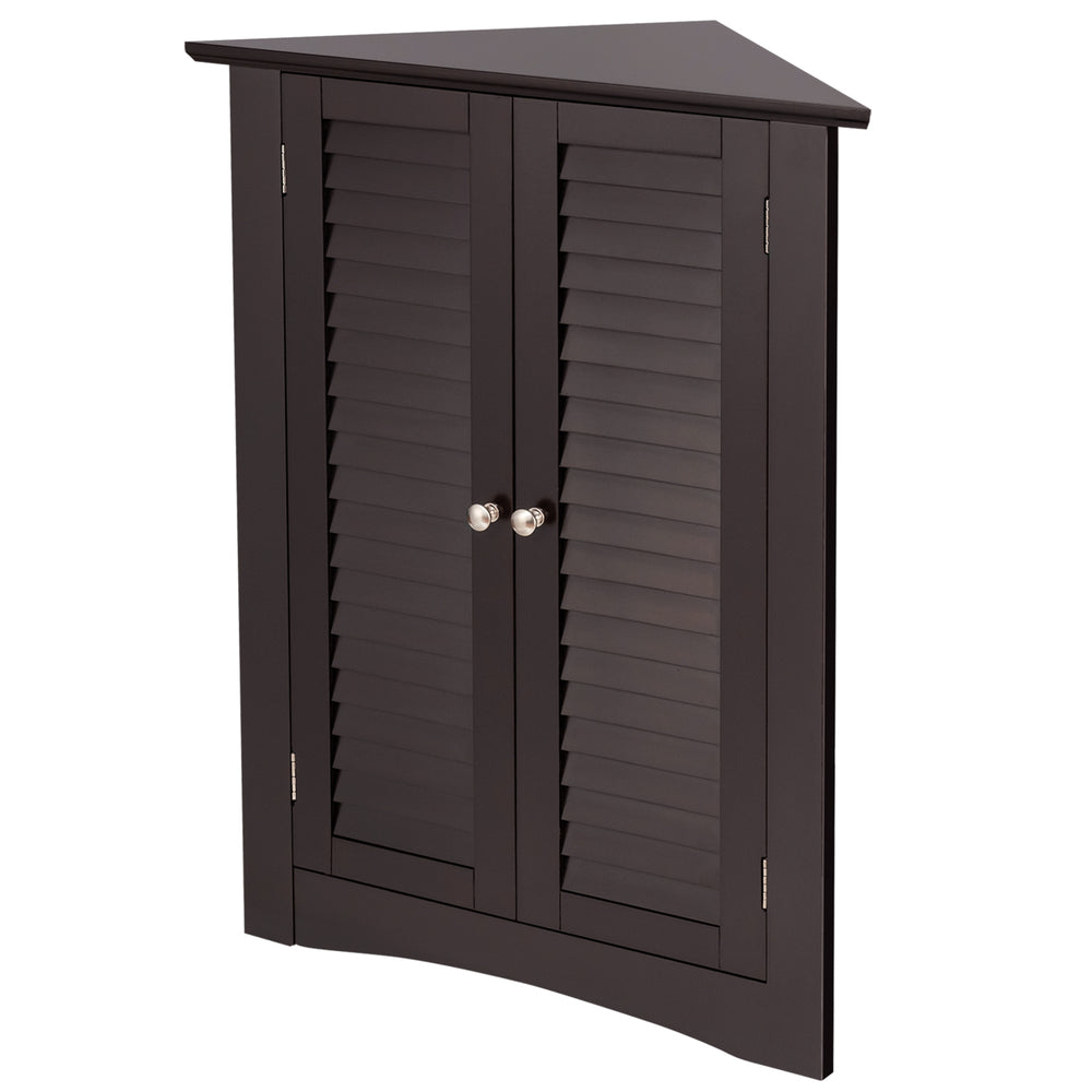Brown bathroom corner storage cabinet with shutter doors, adjustable shelf, and anti-tipping design for versatile use.