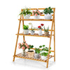 3-tier bamboo foldable plant stand showcasing potted plants, ideal for indoor and outdoor use, with a natural finish.