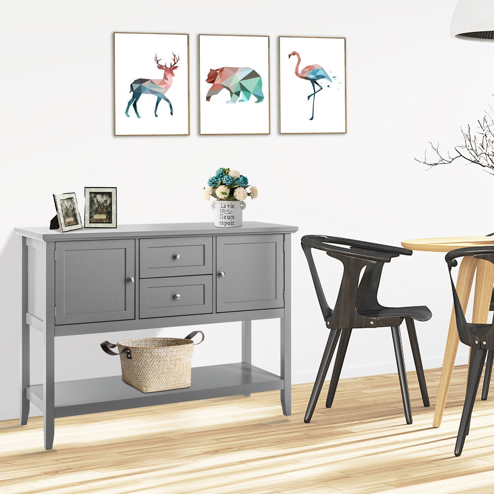 Gray wooden sideboard buffet console table with drawers and storage, ideal for living room or dining room organization.