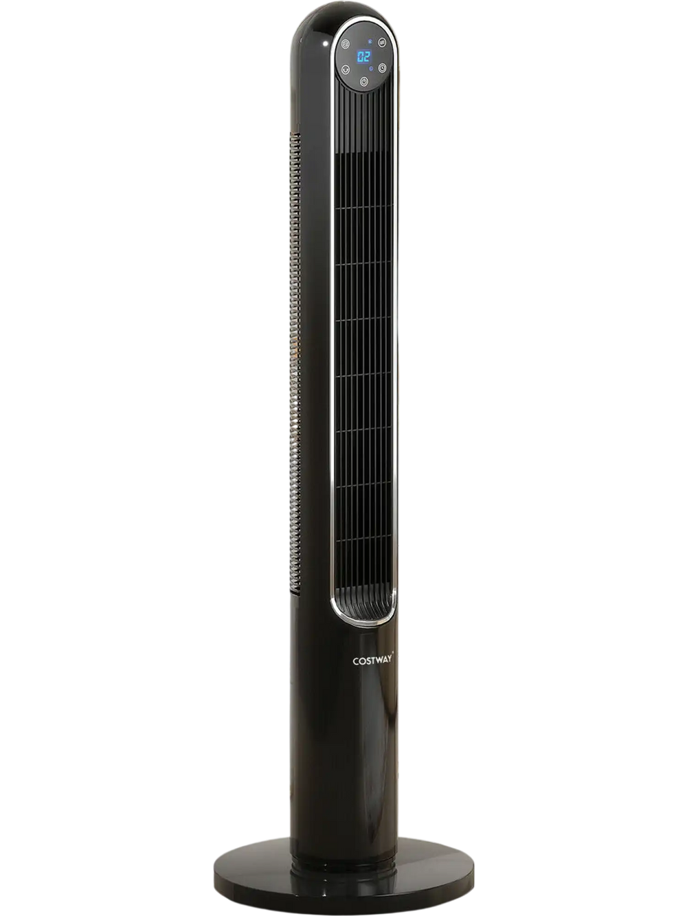 42-inch black tower fan with smart display, remote control, and 80° oscillation for comfortable airflow in any room.