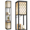 Freestanding floor lamp with storage shelf, featuring a modern design, pull chain, and foot switch for easy operation.