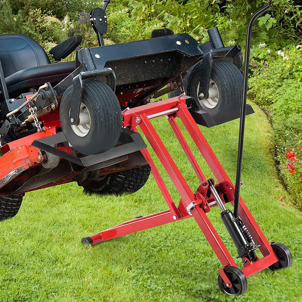 Hydraulic lawnmower lift jack for tractors, adjustable height and width, supports 500 lbs for easy maintenance.