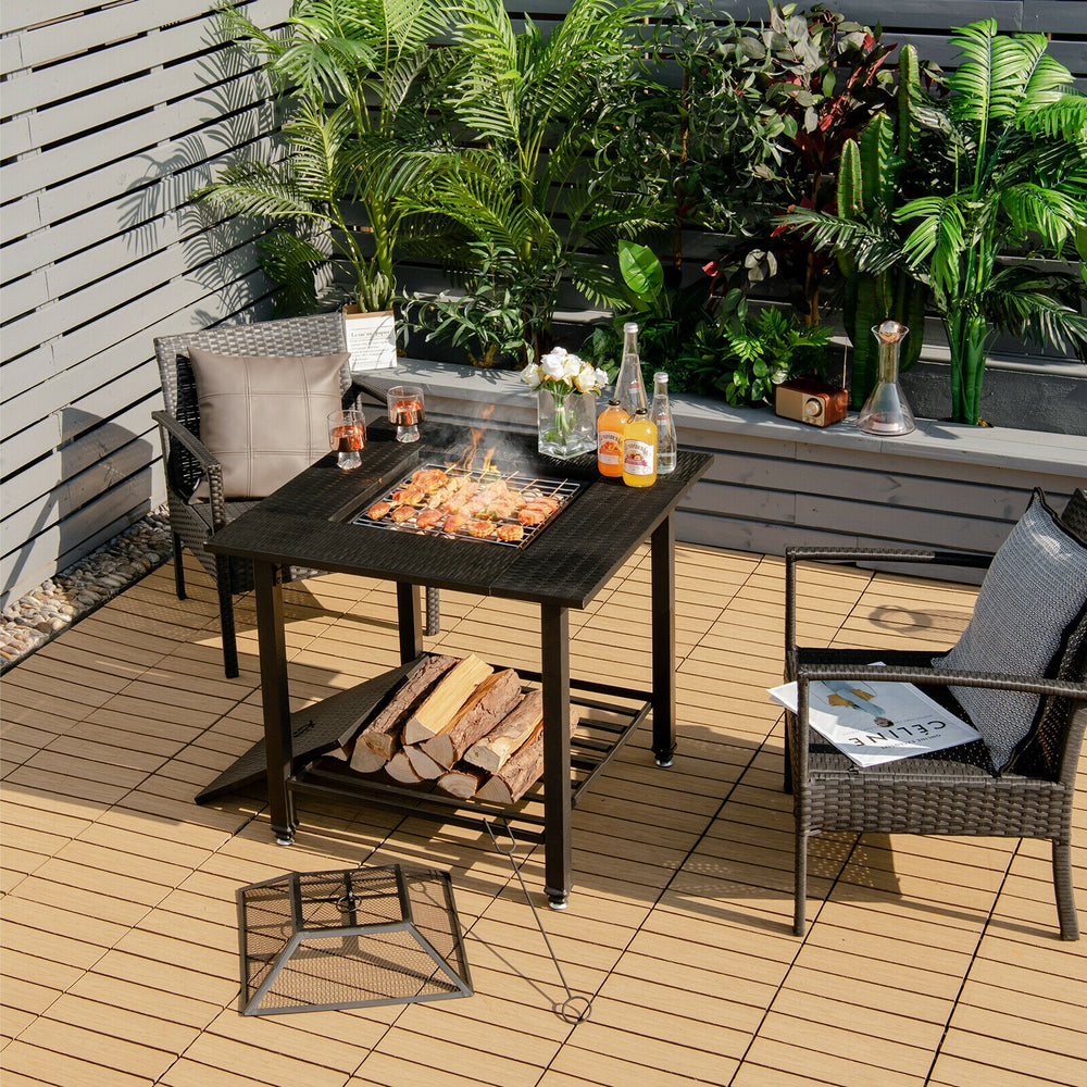 Square 31-inch outdoor fire pit dining table with BBQ grate, sturdy steel frame, perfect for patio and backyard.