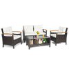 4-piece patio rattan furniture set with cushioned loveseat and chairs, featuring a storage coffee table for outdoor.