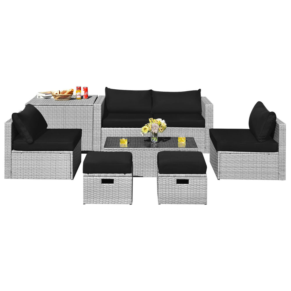 8-piece patio rattan furniture set in black with cushions, featuring a coffee table and waterproof cover for outdoor.