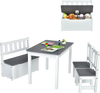Kids wooden activity table and chairs set in gray with storage bench, perfect for playtime and organization.