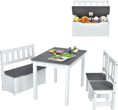 Costway 4-Pc Kids Wooden Activity Table & Chairs Set w/ Storage Bench Study Desk 38012765 New