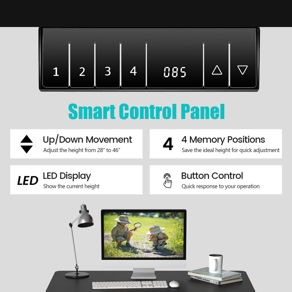 Electric height adjustable standing desk control panel with LED display and 4 memory positions for easy height.