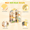 Wooden dollhouse with movable stairs, openable door, and furniture pieces for interactive pretend play for kids.