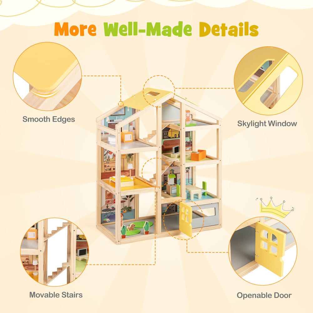 Wooden dollhouse with movable stairs, openable door, and furniture pieces for interactive pretend play for kids.