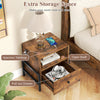 Rustic brown nightstand with charging station, spacious drawer, and open shelf for versatile storage and organization.