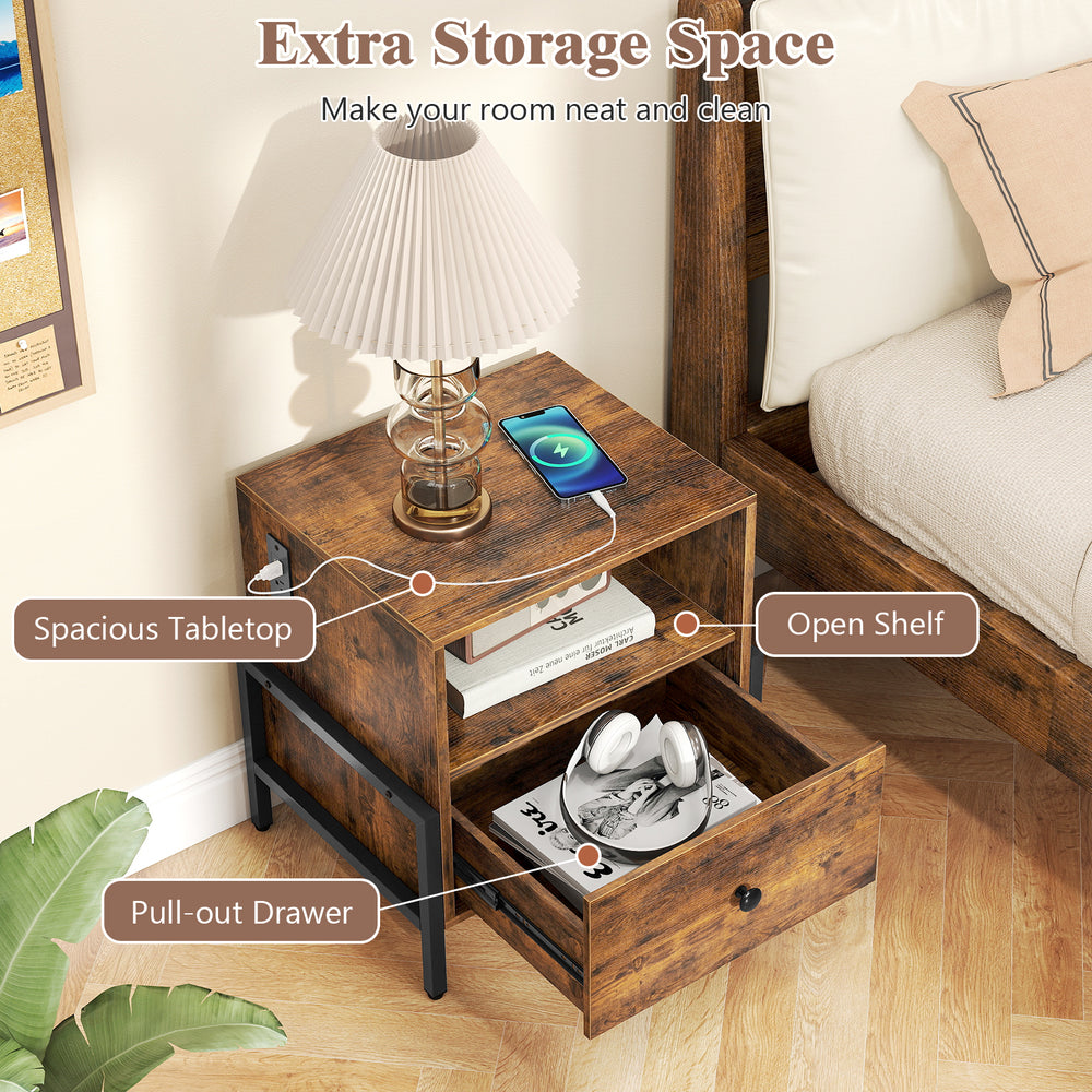 Rustic brown nightstand with charging station, spacious drawer, and open shelf for versatile storage and organization.