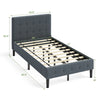 Gray platform bed with button tufted headboard, sturdy frame, and 7-inch under-bed storage space for modern bedrooms.