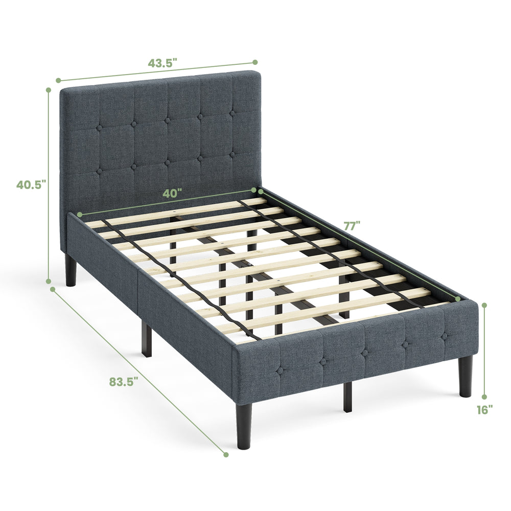 Gray platform bed with button tufted headboard, sturdy frame, and 7-inch under-bed storage space for modern bedrooms.