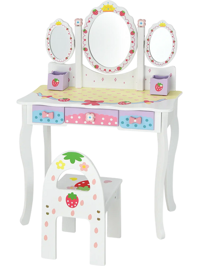 Costway Kids Princess Vanity Makeup Dressing Table Chair Tri-Fold Mirror 53982470 New