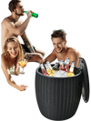 Black 9.5-gallon rattan cool bar cocktail table with drinks, perfect for pool parties and outdoor gatherings.