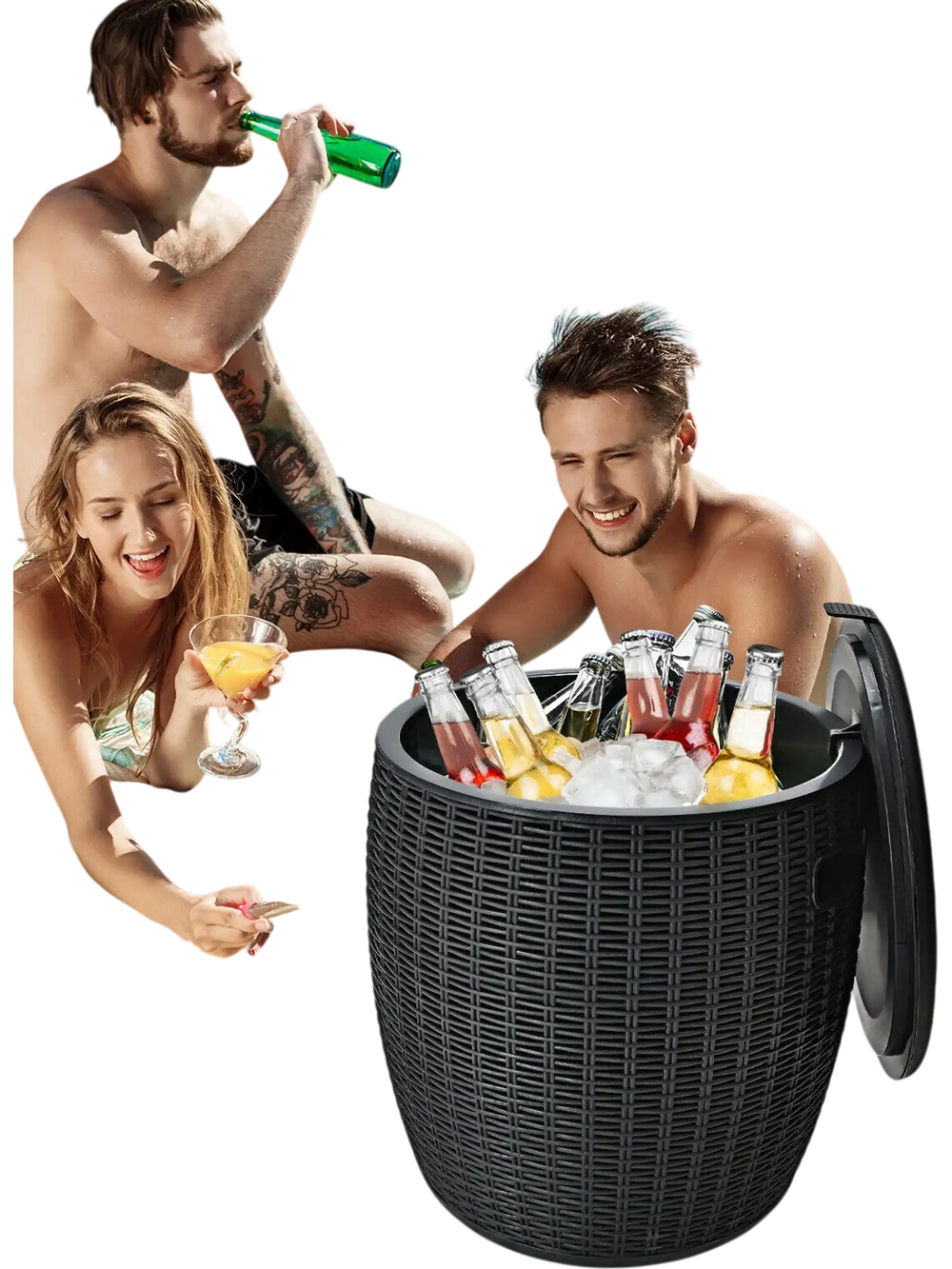 Black 9.5-gallon rattan cool bar cocktail table with drinks, perfect for pool parties and outdoor gatherings.