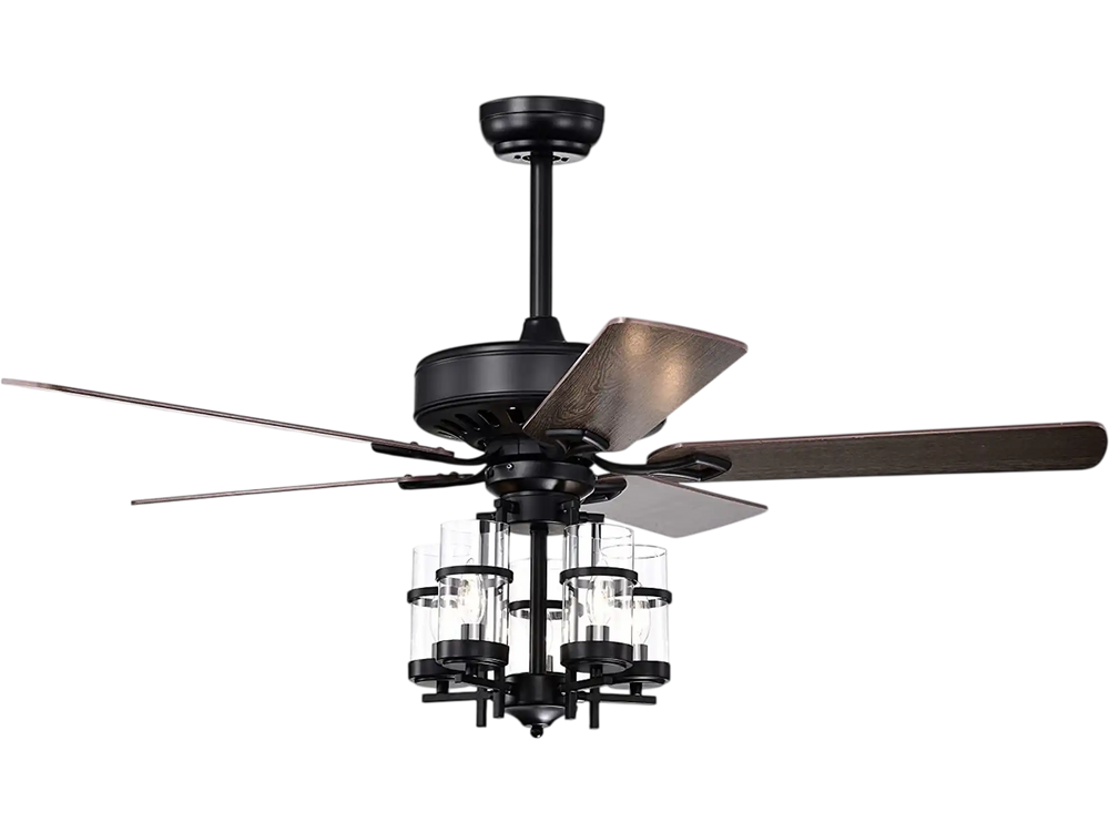 50-inch black ceiling fan light with explosion-proof glass lampshades and reversible blades for year-round comfort.