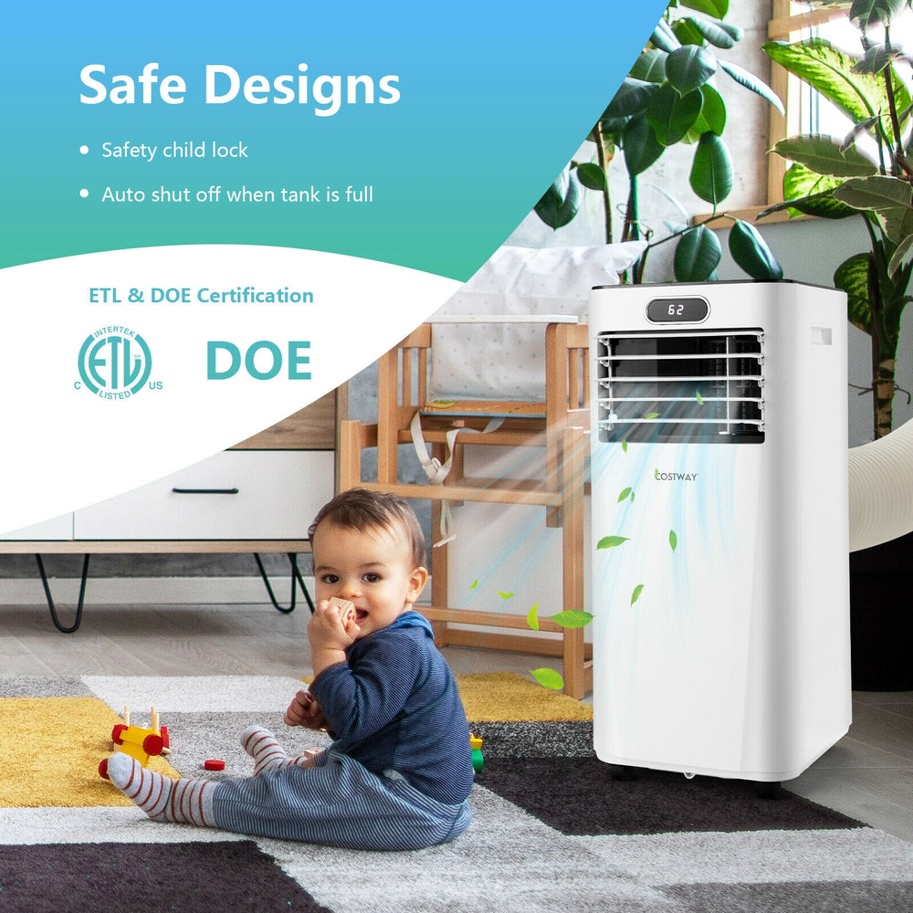 8000BTU portable air conditioner in white with remote control, ideal for bedrooms and small spaces, featuring quiet.