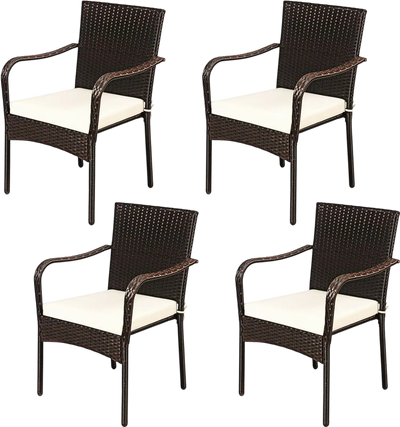 Costway Set of 4 Patio Rattan Stackable Dining Chairs Cushioned Armrest 56809431 New