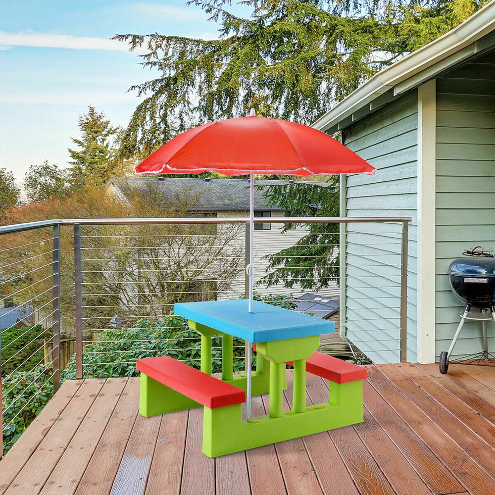 Colorful kids picnic folding table and bench with umbrella, made from non-toxic PP material, perfect for outdoor play.