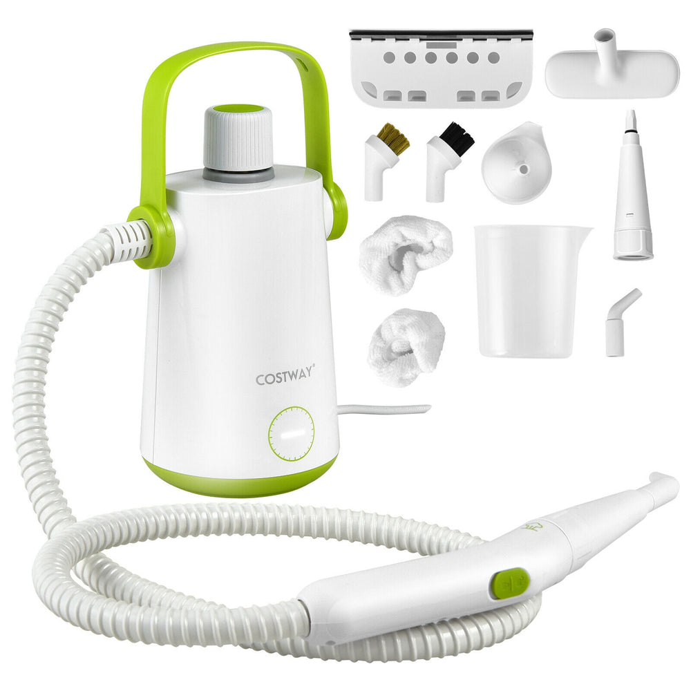 Portable 1000W steam cleaner in green with 10 accessories, ideal for efficient cleaning of various surfaces.