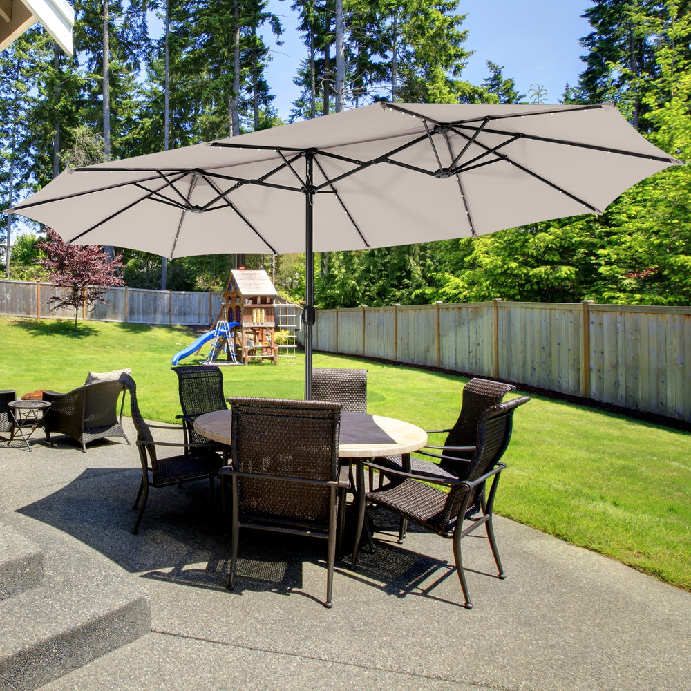 15 Feet Twin Patio Umbrella with 48 Solar LED Lights-Beige - Gallery View 1 of 10