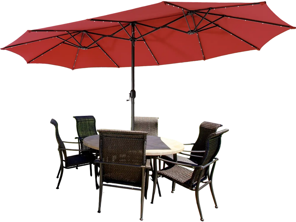 dark red patio umbrella 9ft Market with Base & Remote Control, combined with easy tilt and 360 rotation Garvee 9Ft UV Resistant Patio