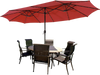 Double-sided dark red patio umbrella with 48 solar LED lights, providing spacious shade for outdoor furniture.