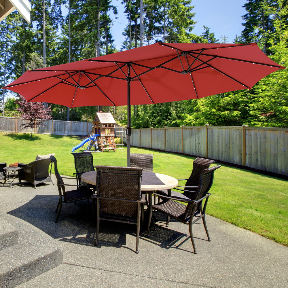 15 twin patio umbrella canopy ABCCANOPY 15FT Double Sided Pool with Base, Outdoor Porch Umbrella for Poolside, Lawn, Backyard (Green) large 15 ft x 9 ft double patio umbrella NEWBULIG 15ft Double-Sided Patio Umbrella,