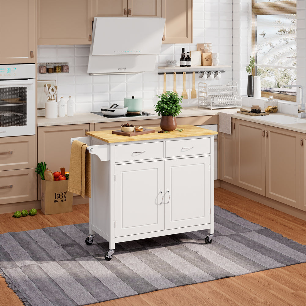 Modern Rolling Kitchen Cart Island with Wooden Top-White - Gallery View 1 of 9