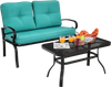 Turquoise cushioned loveseat and coffee table set with steel frame, perfect for outdoor patio or garden relaxation.
