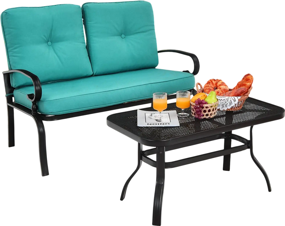 Turquoise cushioned loveseat and coffee table set with steel frame, perfect for outdoor patio or garden relaxation.