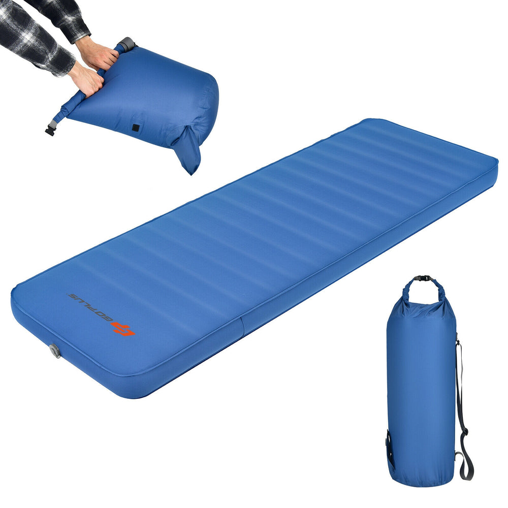 Self-inflating blue camping sleeping mattress with carry bag, made of waterproof TPU for outdoor comfort and.